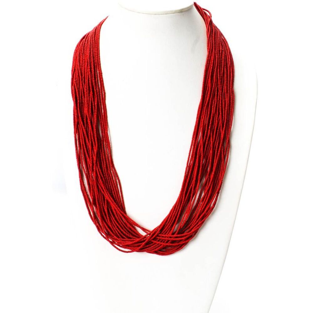 Designer Womens Red Coral Multistrand Mini Bead Necklace 30"